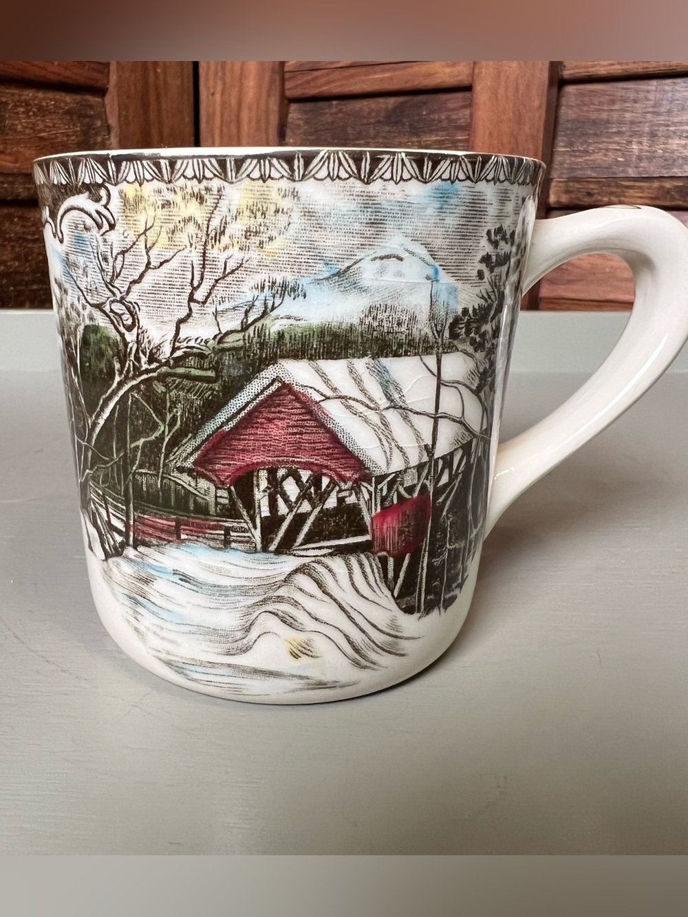 Johnson Brothers Friendly Village-Covered Bridge-Made in England. Collector cup.